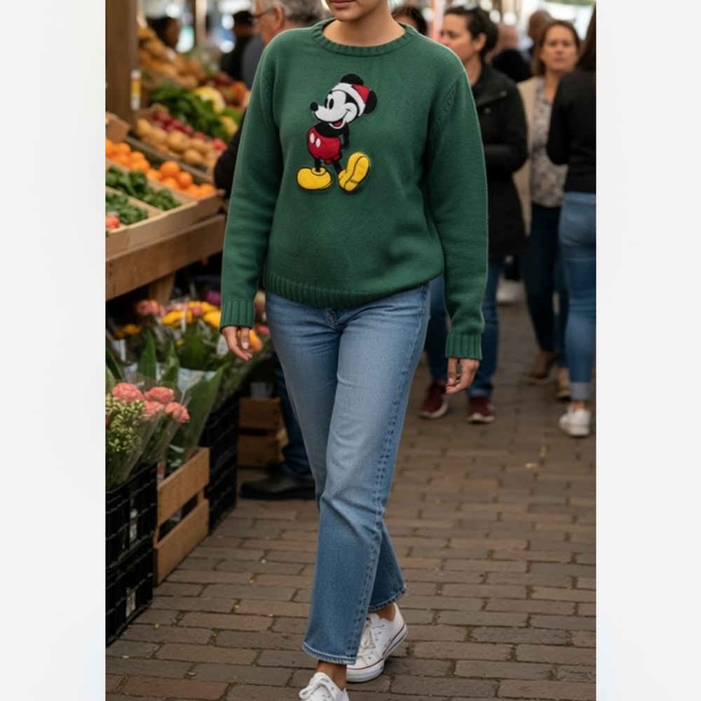 Vintage Disney Green Sweater with Mickey Mouse Patch